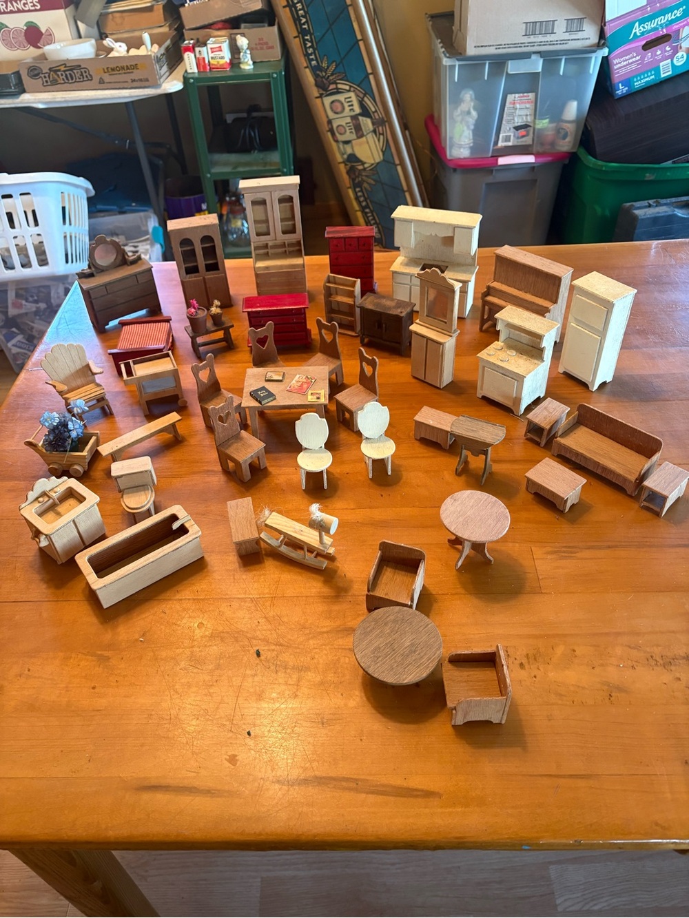 Vintage Wooden Dollhouse Furniture Set - Natural Wood, White, Red Accents